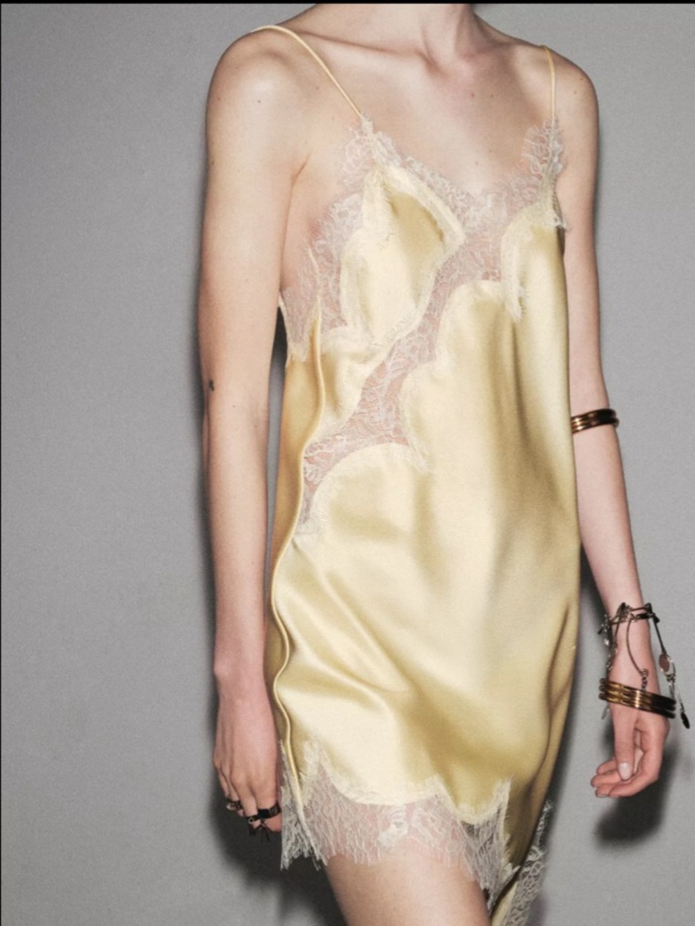 ZARA Silk Lace Trim Slip Dress - Cream Yellow